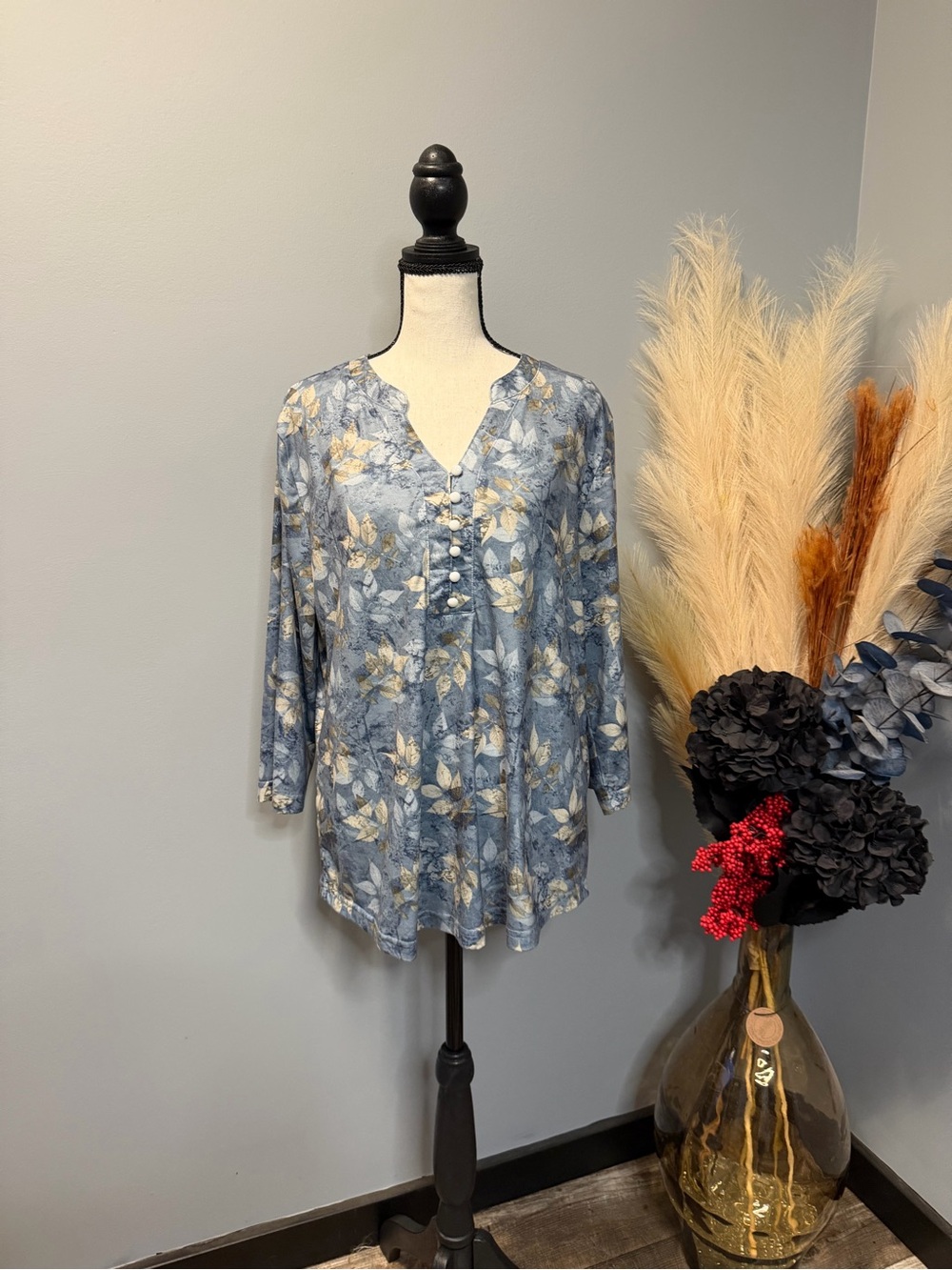Blue Floral V-Neck Button Detail Women's Top